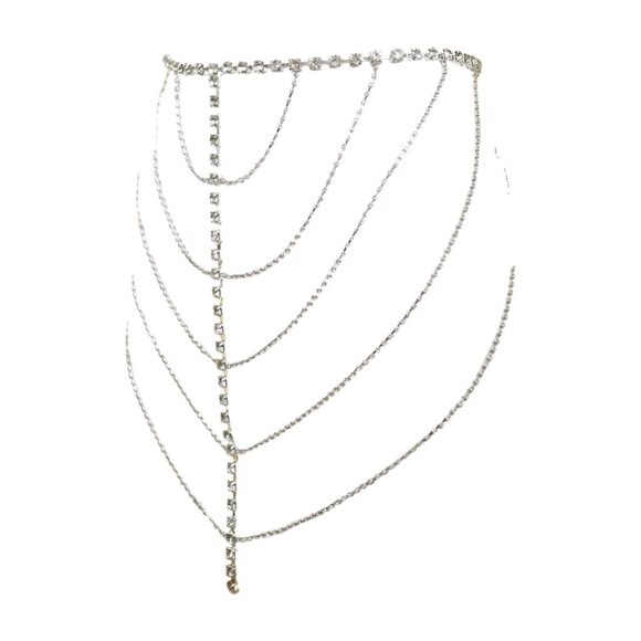 Women Silver Metal Chain Wave High Waist Belt Rhinestones Adjustable Size XS S M